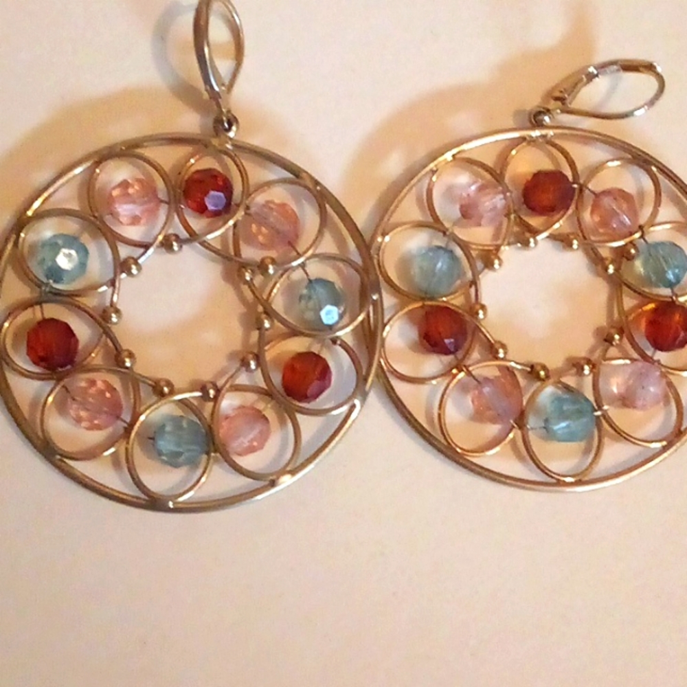 Vintage circular gold earrings with blue pink and purple beads